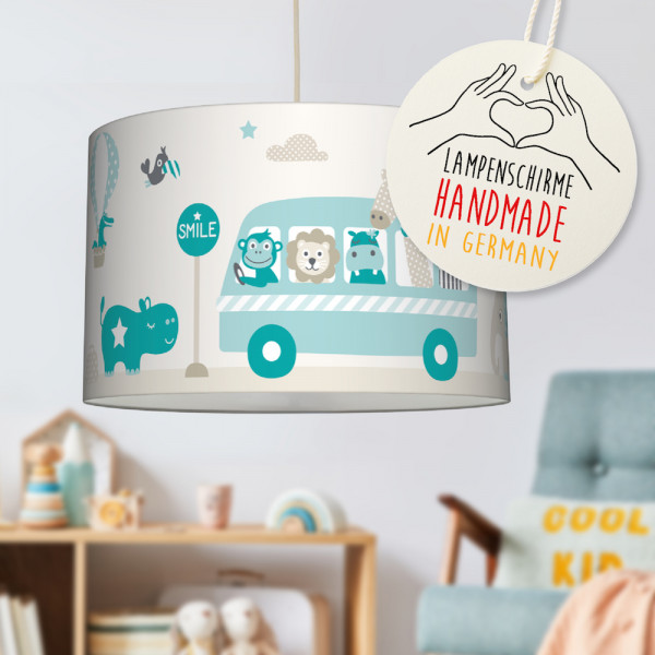 LL-LS-9415 lovely label amazon Deckenlampe Baby Kinder Lampenschirm Deckenleuchte Kinderzimmer Deko Hängelampe Pendelleuchte Dschungel Safari Tier on tour blau petrol beige