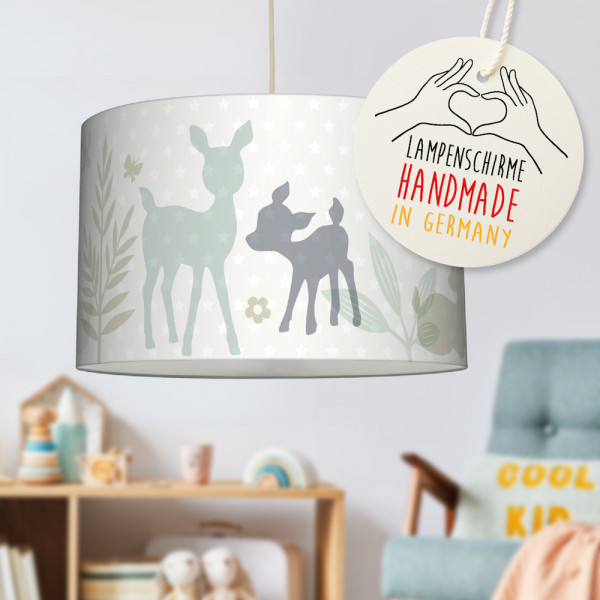 LL-LS-9407 lovely label amazon Deckenlampe Baby Kinder Lampenschirm Deckenleuchte Kinderzimmer Deko Hängelampe Pendelleuchte Häschen Rehe Bambi Sterne mint Grau