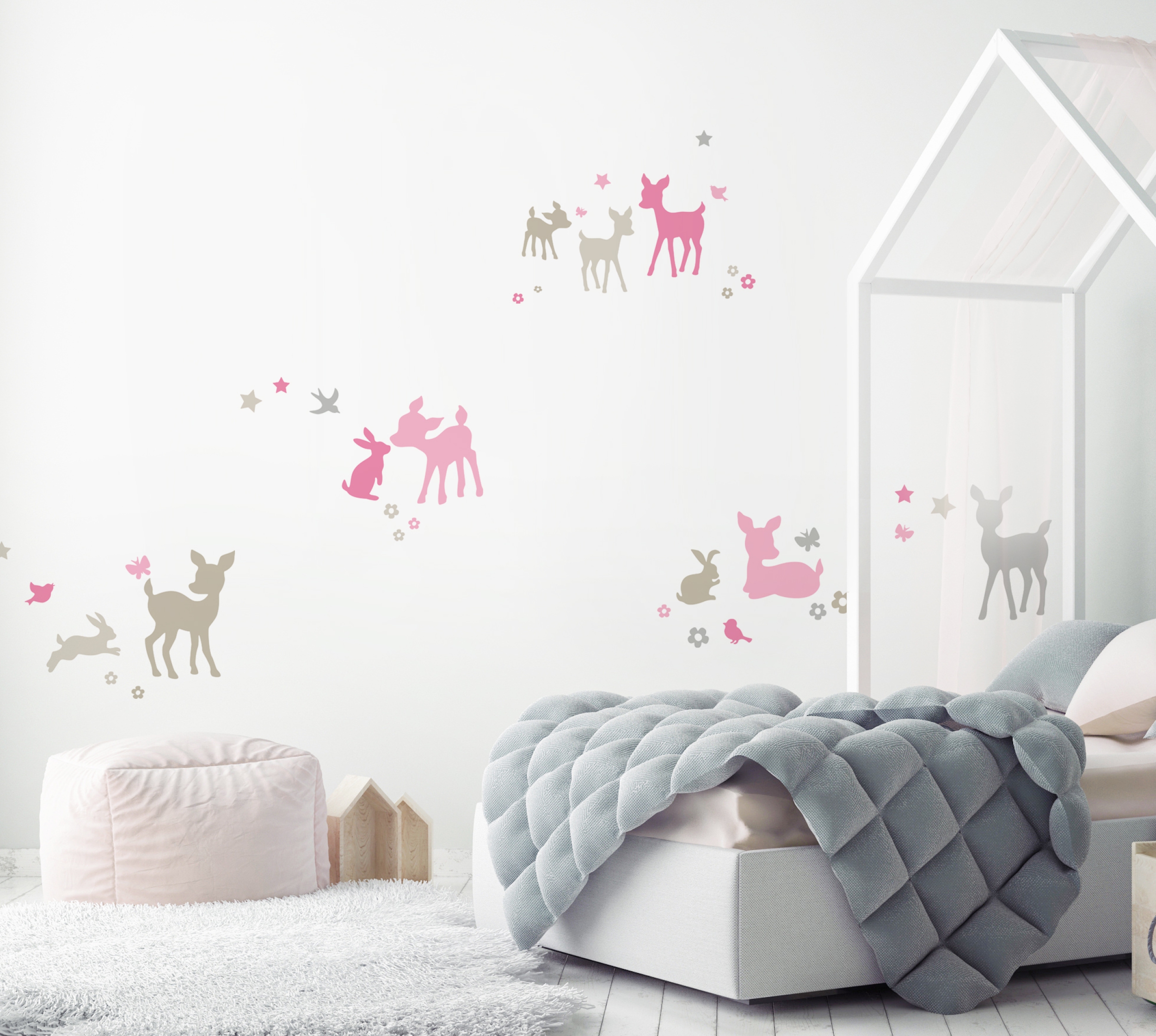 Wandtattoos Haschen Rehe Rosa Grau Beige