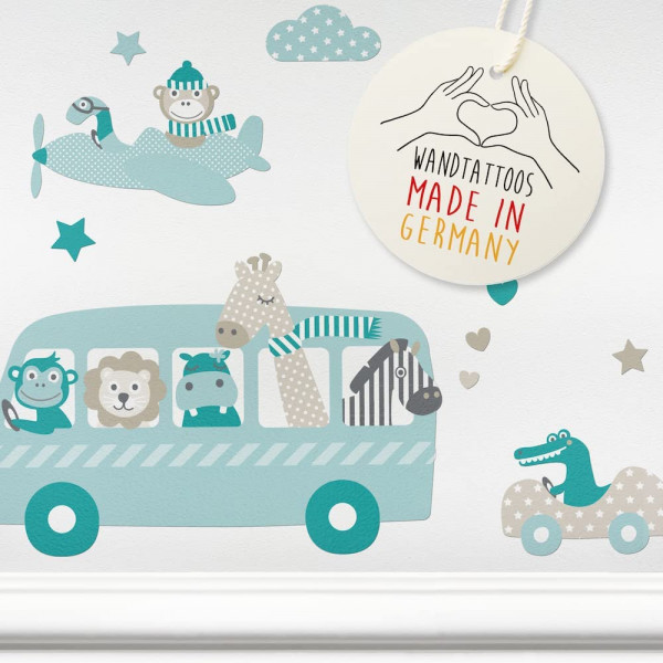 Wandtattoos Kinderzimmer „Tiere on Tour” Taupe/Mint/Petrol